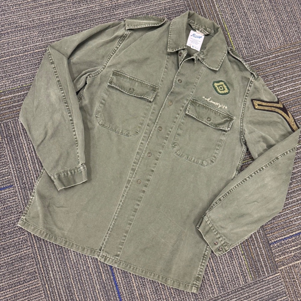 Memory's Ltd Military Shirt Jacket Mens Medium Olive Green EUC Patches‎ Italy